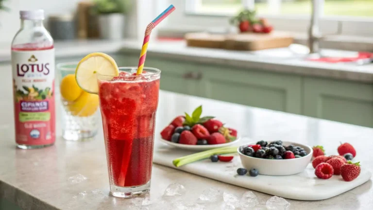 DIY Lotus energy drink recipes bar with concentrates, syrups, fruits, ice, and empty glasses in a colorful arrangement..