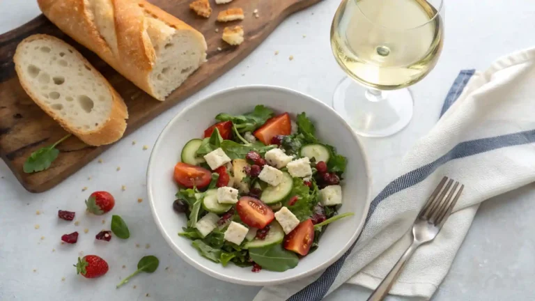 BJ’s copycat tomato mozzarella salad served with white wine and bread on a table.