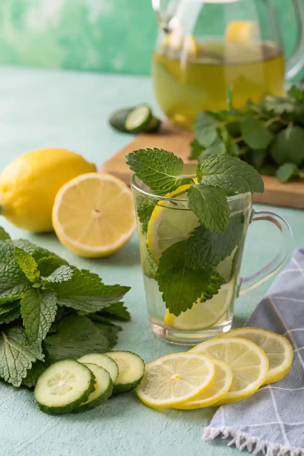 A refreshing, calming setup with lemon balm drink weight loss leaves, slices of lemon, cucumber, and a glass of lemon balm tea to promote weight loss and digestion.