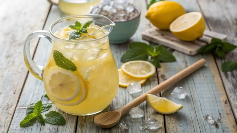 A refreshing pitcher of homemade lemonade with ice, lemon slices, and mint leaves, perfect for summer hydration.