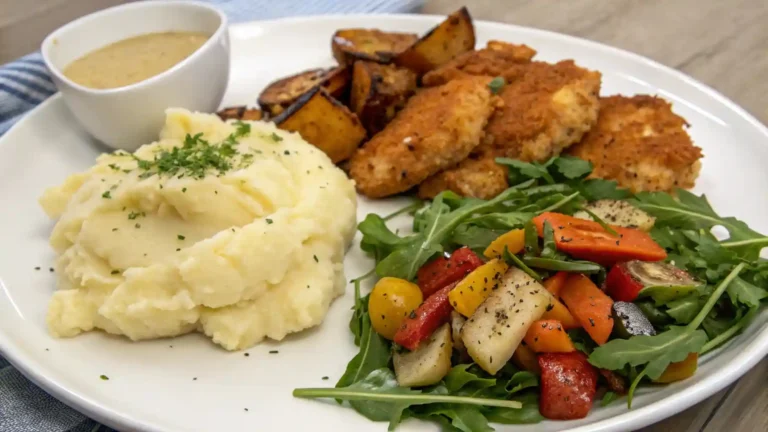 An assortment of sides like mashed potatoes, roasted vegetables, and arugula salad for a crispy chicken meal.