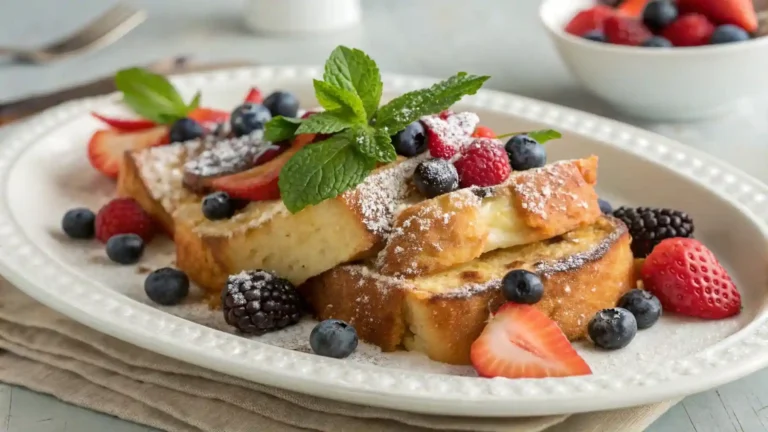 An elegant serving of Paula Deen’s baked French toast dusted with powdered sugar, garnished with fresh berries and mint leaves.