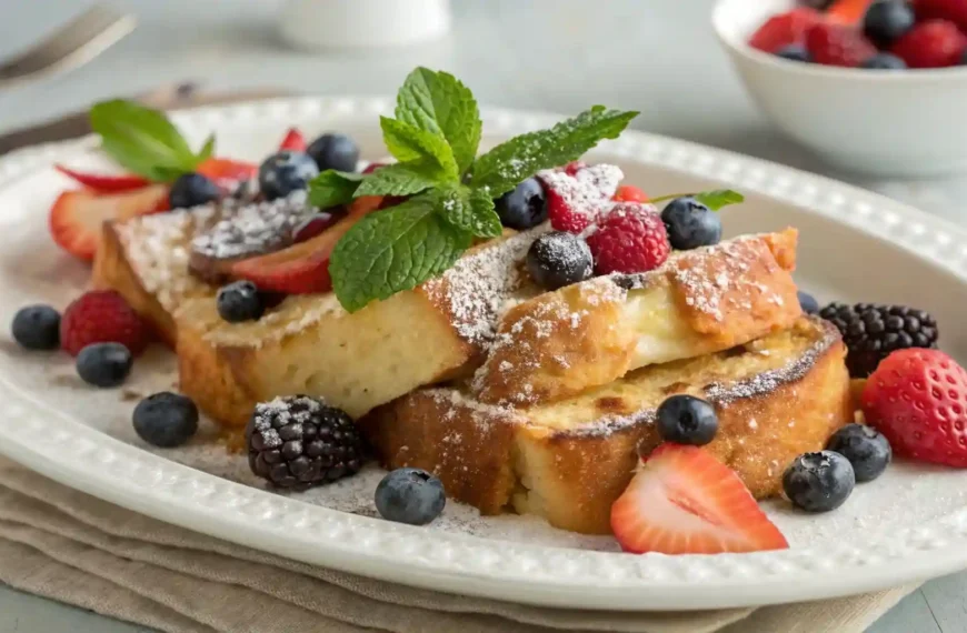 An elegant serving of Paula Deen’s baked French toast dusted with powdered sugar, garnished with fresh berries and mint leaves.