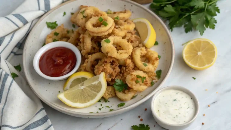 Overhead view of air fryer calamari served with lemon wedges, parsley, and dipping sauces.