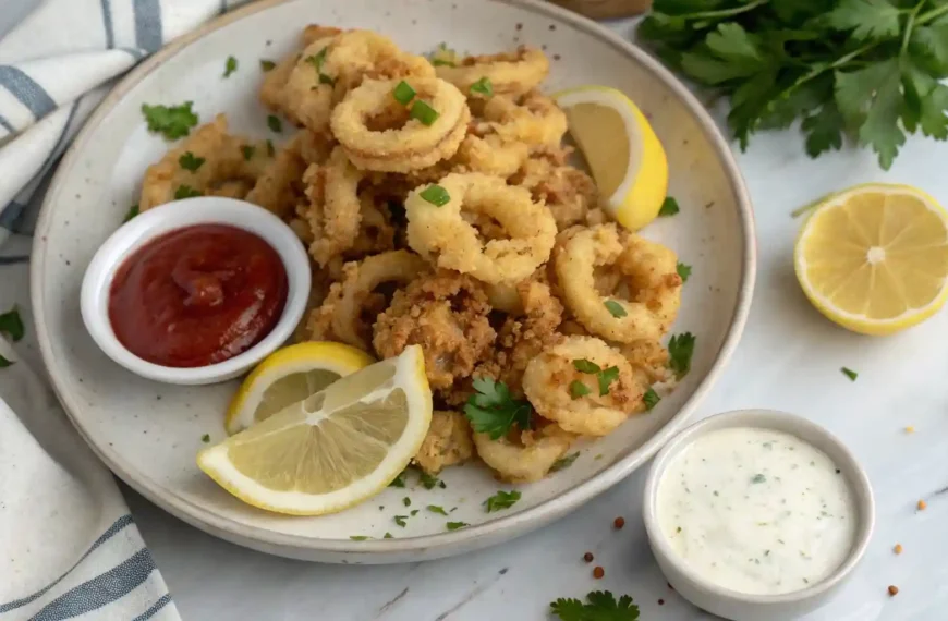 Overhead view of air fryer calamari served with lemon wedges, parsley, and dipping sauces.
