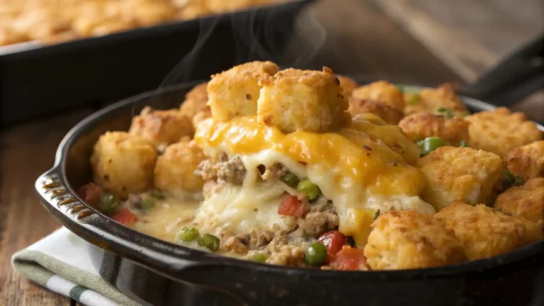 Close-up of a creamy, cheesy hotdish with ground turkey, vegetables, and crispy tater tots.