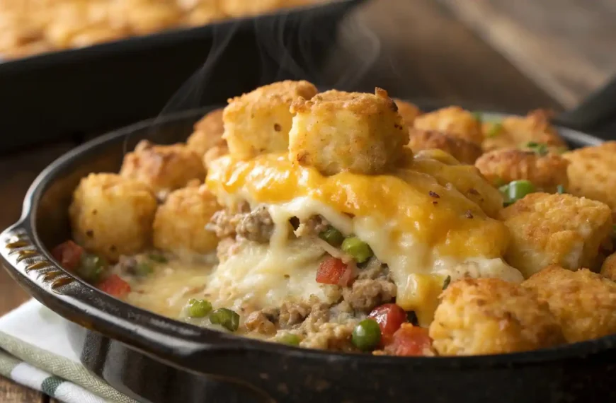 Close-up of a creamy, cheesy hotdish with ground turkey, vegetables, and crispy tater tots.