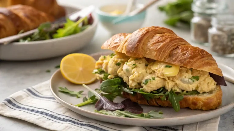 Croissant sandwich filled with Ina Garten-inspired curry chicken salad, served with greens and lemon.