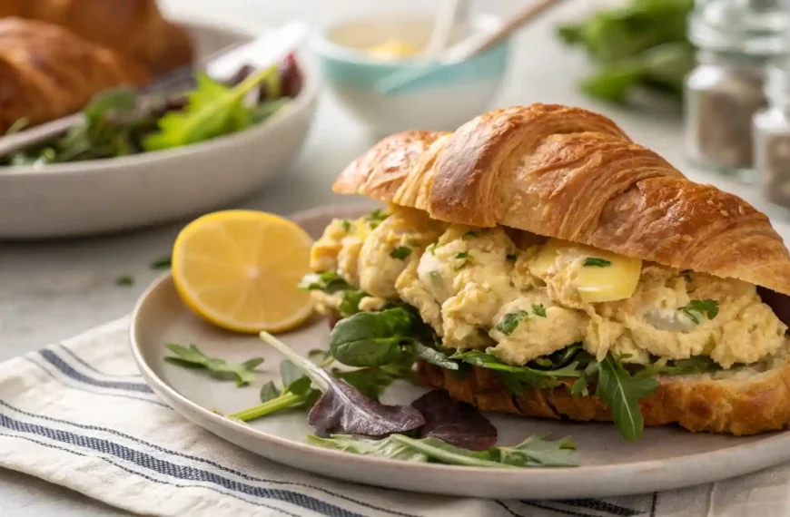 Croissant sandwich filled with Ina Garten-inspired curry chicken salad, served with greens and lemon.