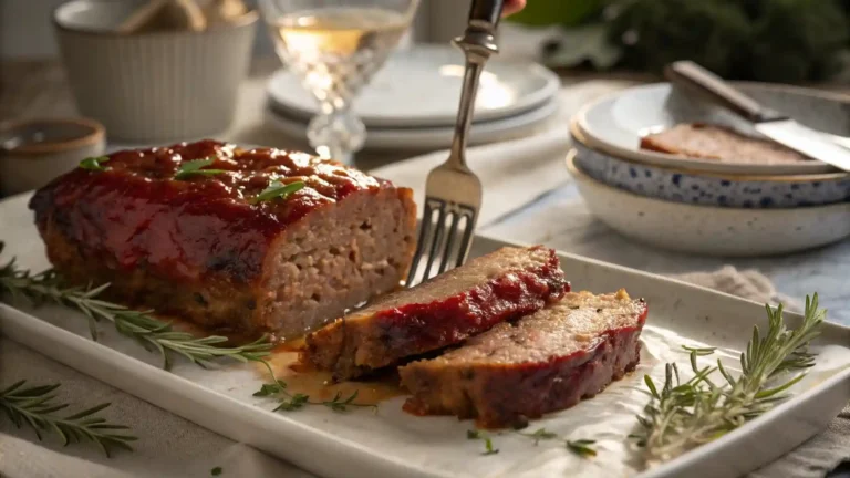 Close-up of tender, juicy meatloaf slice with fork cutting through, highlighting rich texture and glaze.