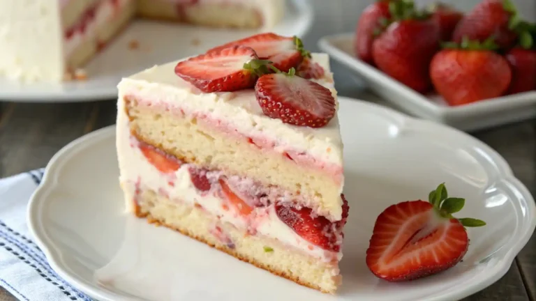Slice of moist strawberry cake with cream cheese frosting layers on a white plate.
