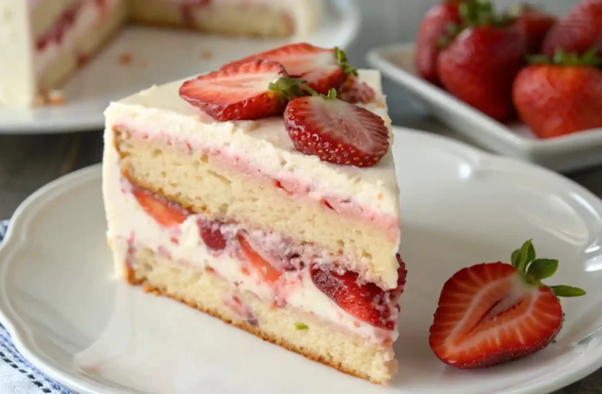 Slice of moist strawberry cake with cream cheese frosting layers on a white plate.