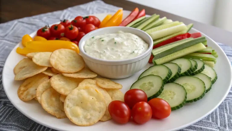 Cottage cheese chips served with a healthy dip and keto-friendly vegetables