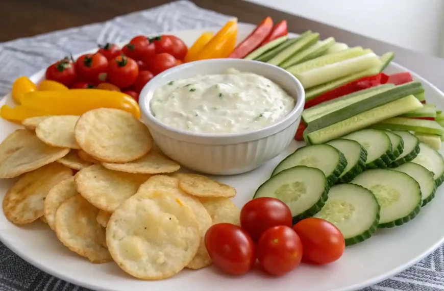 Cottage cheese chips served with a healthy dip and keto-friendly vegetables