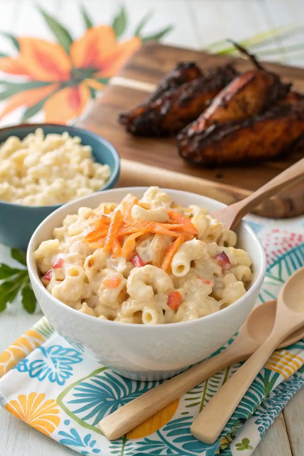 Creamyono hawaiian bbq macaroni salad recipe​ served in a white bowl with a tropical plate lunch of BBQ chicken and rice.
