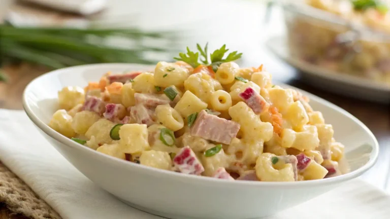 Creamyono hawaiian bbq macaroni salad recipe​ served in a white bowl