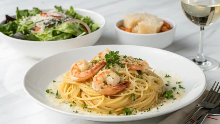 Cheesecake Factory-style shrimp scampi plated with white wine and Caesar salad on the side