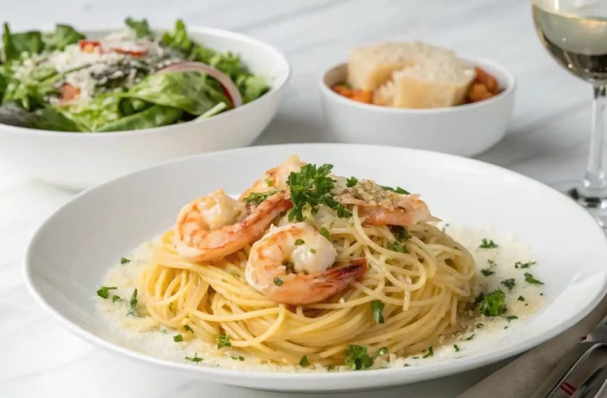 Cheesecake Factory-style shrimp scampi plated with white wine and Caesar salad on the side