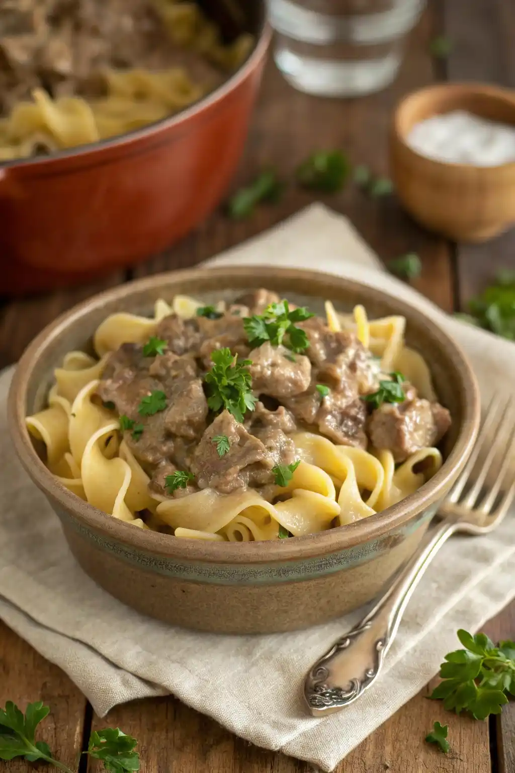 Creamy slow cooker ground beef stroganoff served over egg noodles with fresh parsley garnish.
