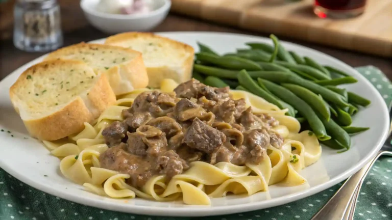 Slow cooker ground beef stroganoff served with green beans and garlic bread for a complete meal.