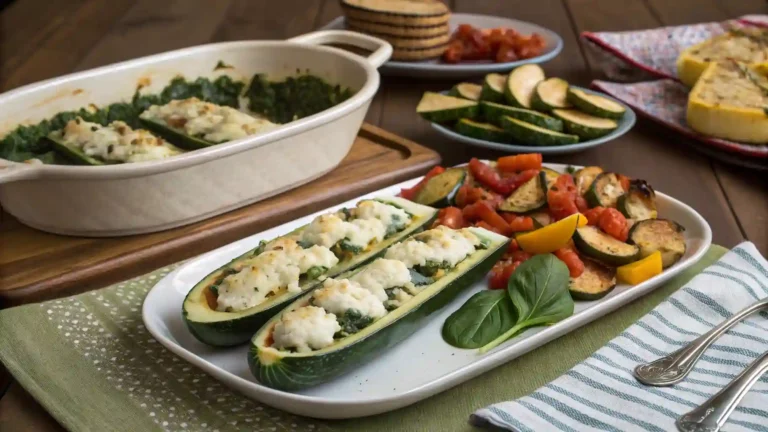 Family-style dinner featuring stuffed zucchini boats with ricotta and spinach, roasted vegetables.