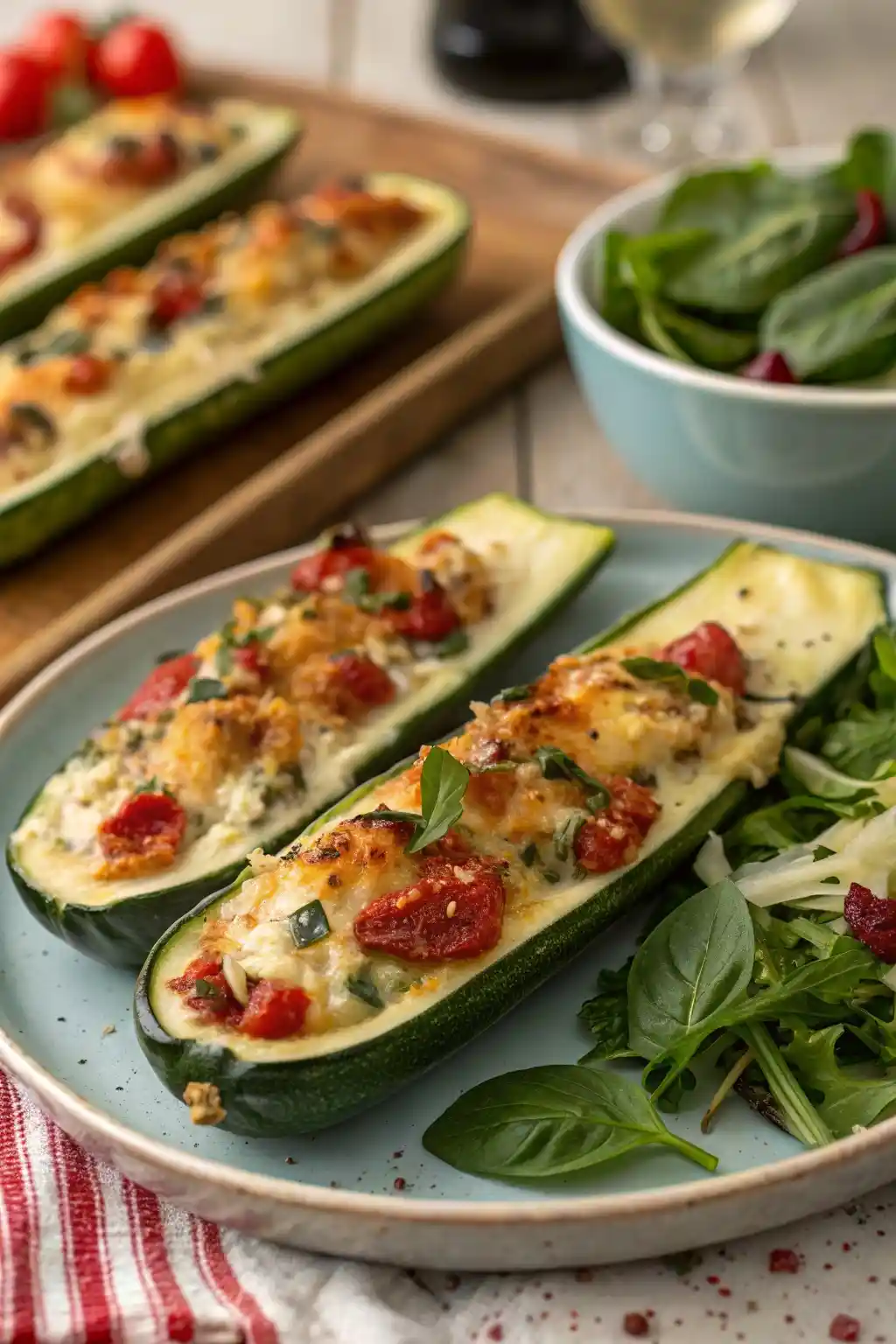 Golden-baked stuffed zucchini boats with ricotta and spinach, garnished with fresh herbs, served with a side salad.