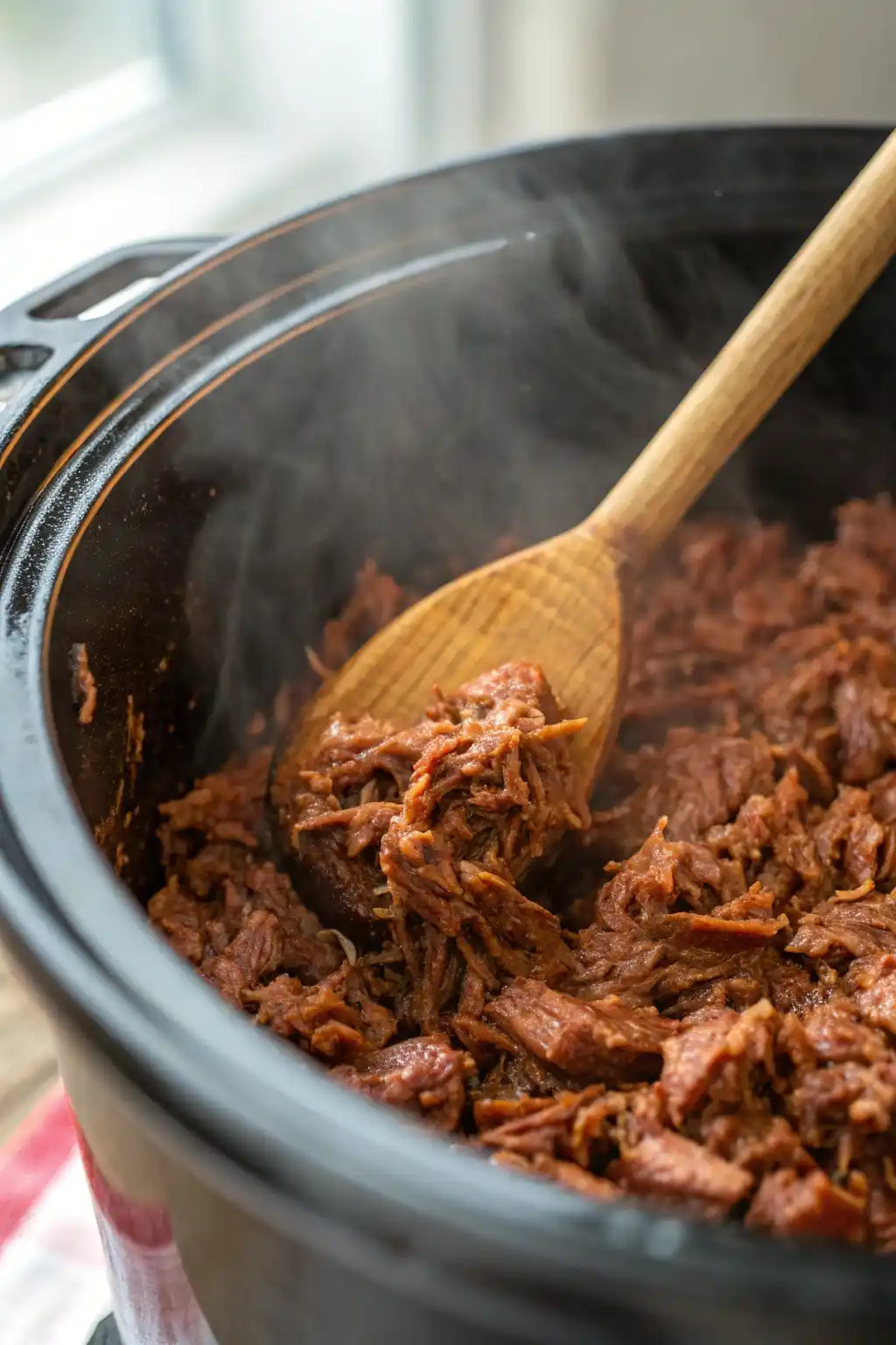 Juicy slow-cooked taco meat being stirred in a crockpot with a wooden spoon