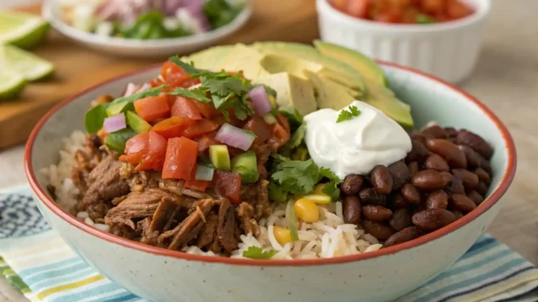 Burrito bowl with taco meat in slow cooker, rice, beans, and fresh toppings