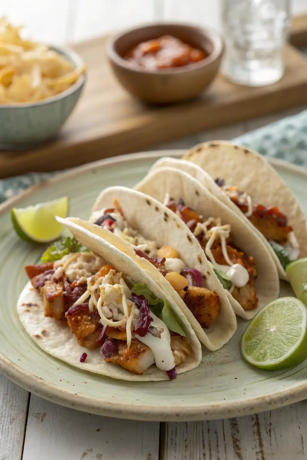 Assembled Costco dinner kit chicken tacos with slaw, cheese, and sauces served with lime wedges.