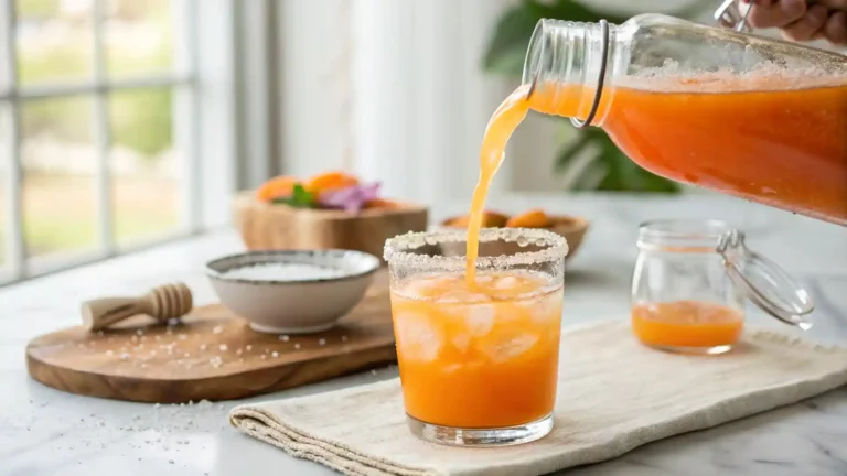 Pouring adrenal cocktail into a glass with sea salt on the rim, showcasing the bright orange color of the drink.