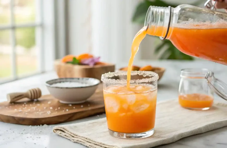 Pouring adrenal cocktail into a glass with sea salt on the rim, showcasing the bright orange color of the drink.