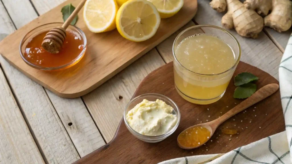 Top-down view of adrenal cocktail, honey, lemon slices, and cream of tartar on a wooden table.