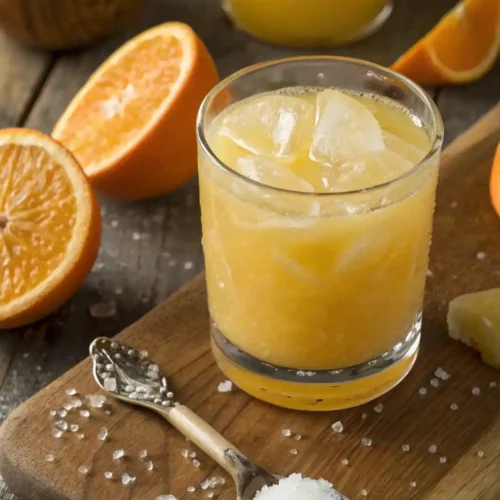 Adrenal cocktail recipe in a glass with orange juice, cream of tartar, and sea salt surrounded by fresh orange and salt on a wooden countertop.