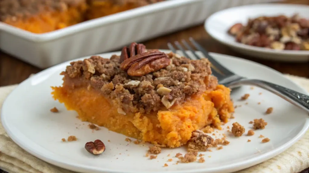 Slice of Boston Market sweet potato casserole on a white plate with creamy filling and crunchy streusel topping.