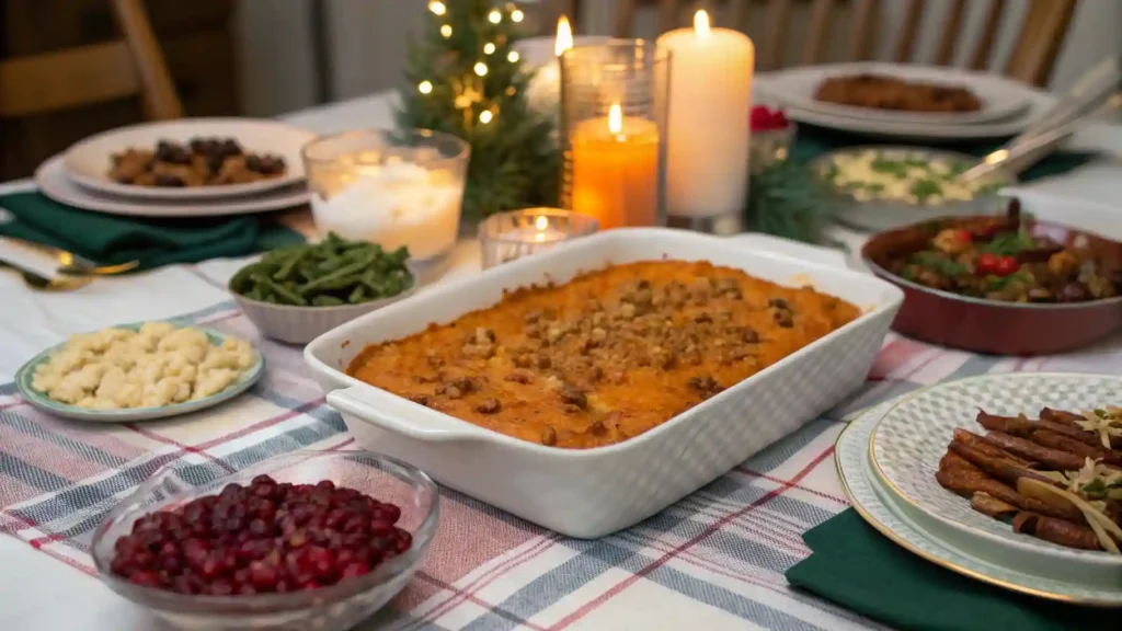 Holiday table setting featuring Boston Market sweet potato casserole as the centerpiece with festive side dishes.