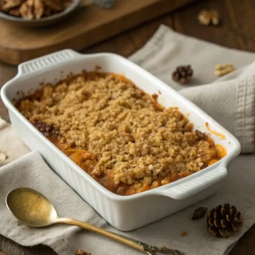 Freshly baked Boston Market sweet potato casserole with golden brown streusel topping in a white dish.