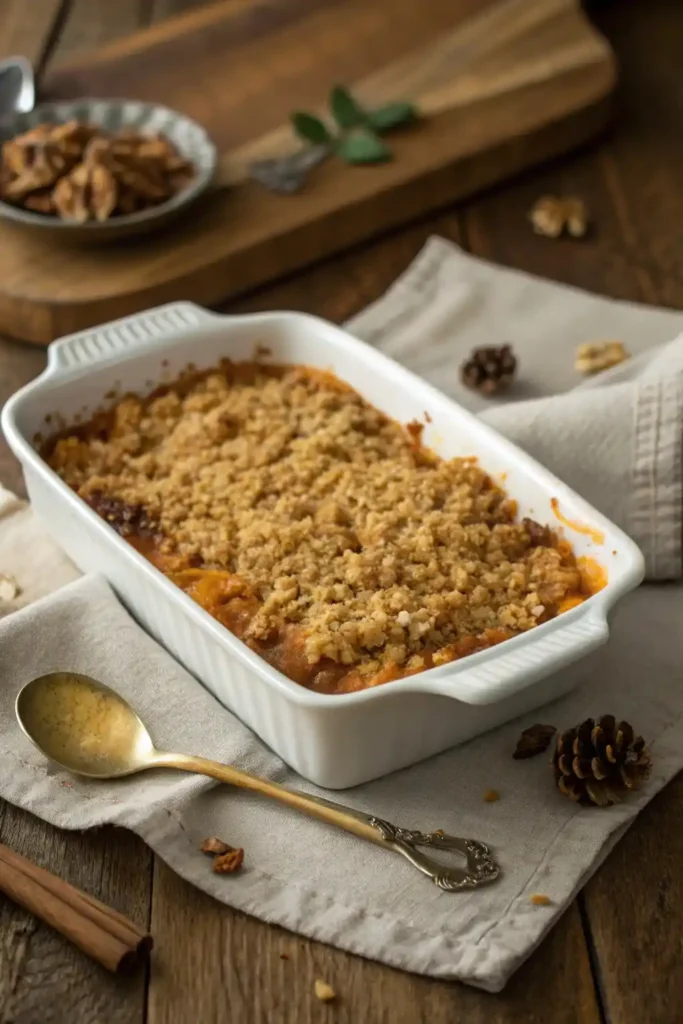 Freshly baked Boston Market sweet potato casserole with golden brown streusel topping in a white dish.
