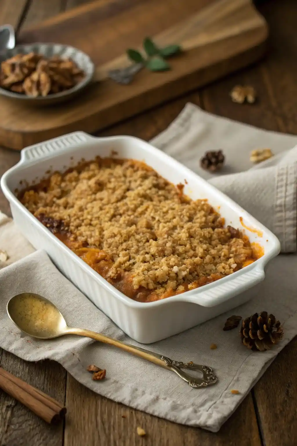 Freshly baked Boston Market sweet potato casserole with golden brown streusel topping in a white dish.