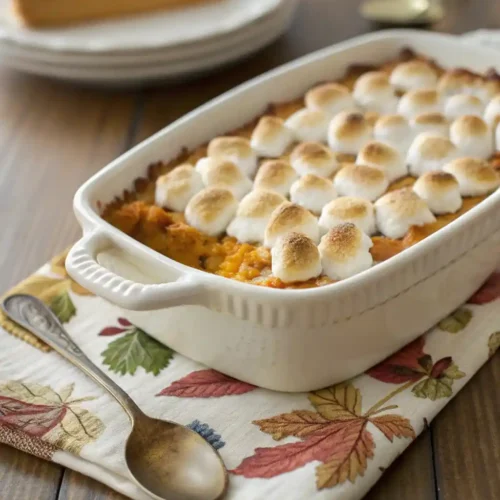 Freshly baked Bruce's Yams Sweet Potato Casserole Recipe on Can topped with golden marshmallows in a white baking dish.