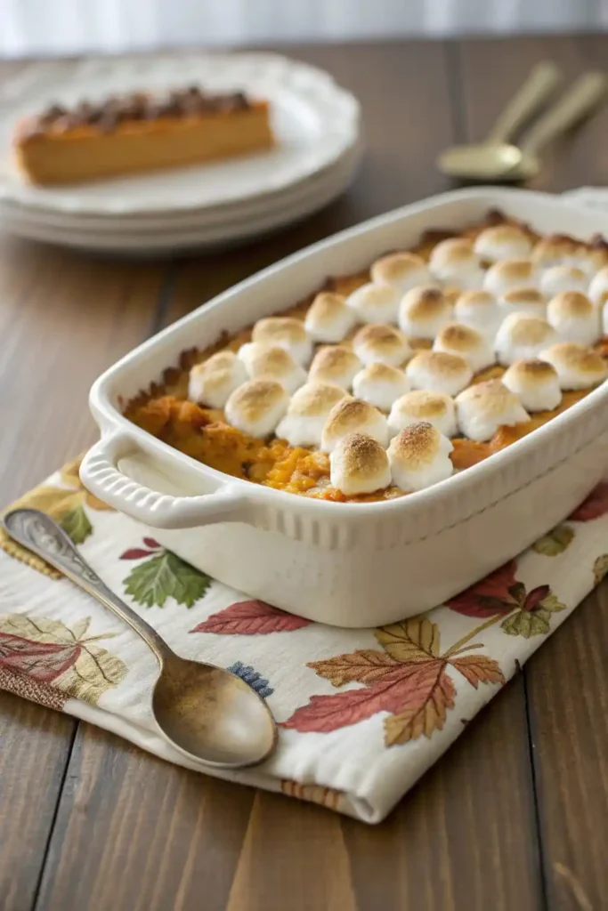 Freshly baked Bruce's Yams Sweet Potato Casserole Recipe on Can topped with golden marshmallows in a white baking dish.