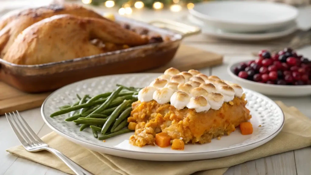 Single serving of Bruce’s Yams sweet potato casserole on a plate with holiday sides.