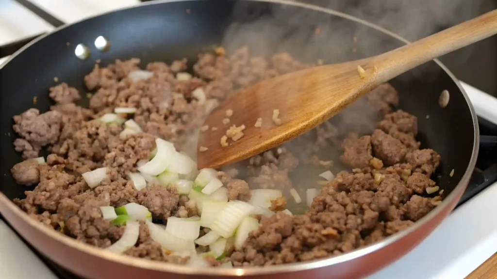Ground beef cooking in a skillet with onions and garlic, stirred with a wooden spoon.