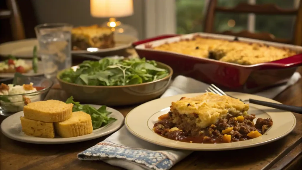 Dinner table set with servings of cattle drive casserole, green salad, and cornbread, ready to enjoy.