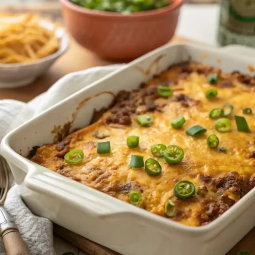 Freshly baked cattle drive casserole topped with melted cheese, green onions, and jalapeños in a 9x13-inch dish.