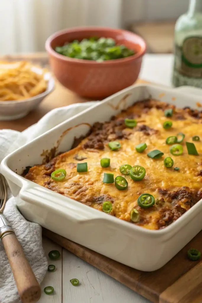 Freshly baked cattle drive casserole recipe topped with melted cheese, green onions, and jalapeños in a 9x13-inch dish.