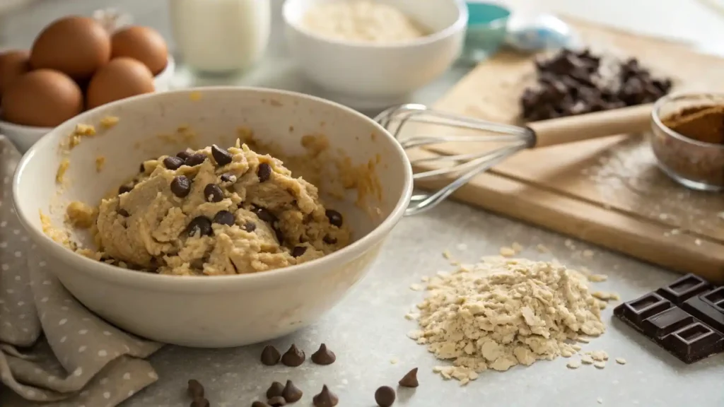 Cookie dough with oats and chocolate chips in a mixing bowl, ready to chill for the Chick Fil A cookie copycat recipe.
