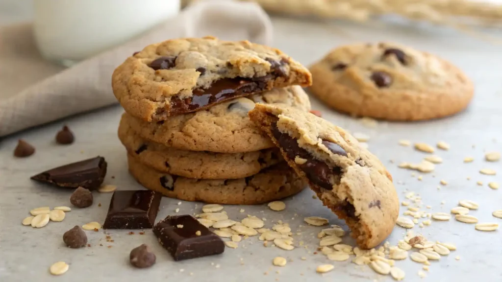 A gooey, thick Chick Fil A style chocolate chip cookie broken in half, showing melted chocolate and chewy texture.
