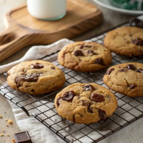Freshly baked Chick Fil A Chocolate Chip Cookie Recipe cooling on a wire rack in a home kitchen.