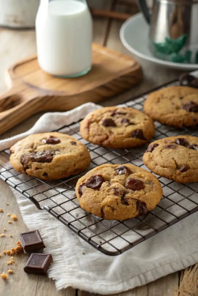 Freshly baked Chick Fil A Chocolate Chip Cookie Recipe cooling on a wire rack in a home kitchen.