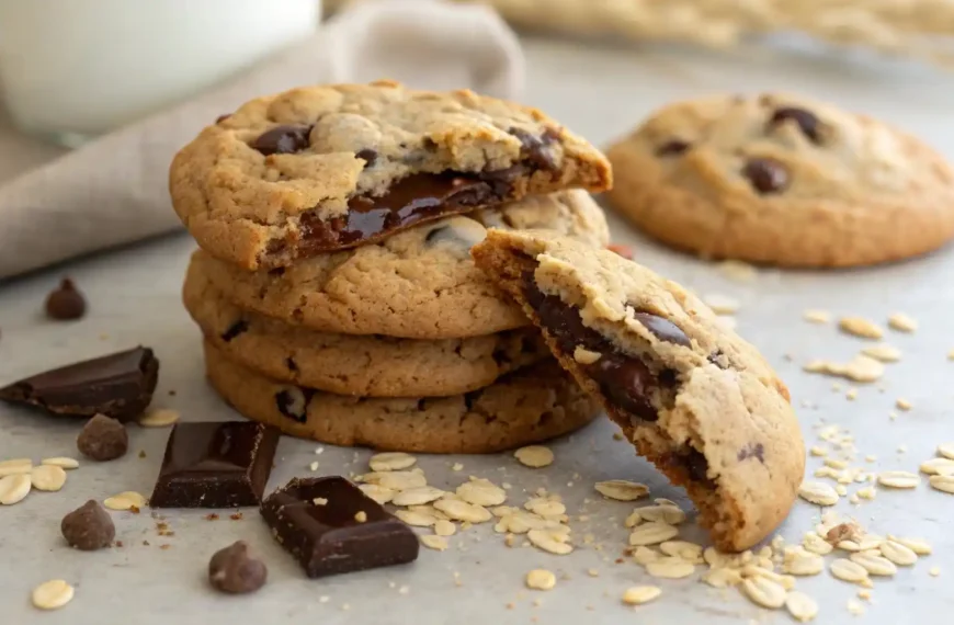 A gooey, thick Chick Fil A style chocolate chip cookie broken in half, showing melted chocolate and chewy texture.